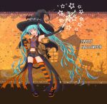  amiesdeli aqua_eyes aqua_hair elbow_gloves gloves halloween happy_halloween hat hatsune_miku highres long_hair mismatched_legwear navel open_mouth orange_background shoes shorts smile solo spring_onion striped striped_legwear thigh-highs thighhighs twintails very_long_hair vocaloid witch_hat 