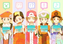  alternate_costume alternate_headwear emoticon gold_(pokemon) gold_(pokemon)_(remake) hat holding kouki_(pokemon) kouki_(pokemon)_(remake) machiko_(matiko) multiple_boys nintendo_3ds playing_games pokemon pokemon_(game) pokemon_bw pokemon_dppt pokemon_firered_and_leafgreen pokemon_frlg pokemon_gsc pokemon_heartgold_and_soulsilver pokemon_hgss pokemon_rgby pokemon_rse red_(pokemon) red_(pokemon)_(remake) touya_(pokemon) winter_clothes yuuki_(pokemon) yuuki_(pokemon_emerald) 