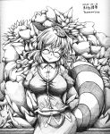  ^_^ absurdres animal_ears breasts closed_eyes error eyes_closed futatsuiwa_mamizou glasses highres leaf leaf_on_head monochrome pince-nez raccoon_ears raccoon_tail short_hair smile solo tail taut_shirt touhou traditional_media yanmarson 