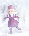  bad_id blush boots breath child fate/stay_night fate/zero fate_(series) fur_hat hat illyasviel_von_einzbern jacket open_mouth outstretched_arms red_eyes scarf snow solo spread_arms standing_on_one_leg sunameri_oishii white_hair young 