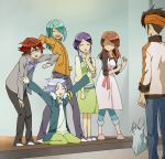  4boys adult apron bag blue_hair brown_hair catgirl0926 closed_eyes endou_fuyuka endou_mamoru eyes_closed fubuki_shirou glasses hair_over_one_eye highres inazuma_eleven inazuma_eleven_(series) inazuma_eleven_go jacket kazemaru_ichirouta kira_hiroto kiyama_hiroto kudou_fuyuka multiple_boys multiple_girls nudge open_mouth pose purple_hair raimon_natsumi red_hair redhead short_hair smile surprised white_hair 