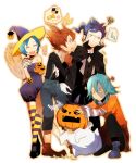  bare_shoulders blue_eyes broom brown_hair candy costume ghost green_hair halloween hat inazuma_eleven inazuma_eleven_(series) inazuma_eleven_go kariya_masaki kusa_chuu matsukaze_tenma nishizono_shinsuke open_mouth pumpkin pumpkin_hat short_hair sorano_aoi striped striped_legwear thigh-highs thighhighs tsurugi_kyousuke vampire werewolf witch witch_hat yellow_eyes 