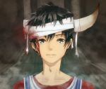  artist_request bandage bandages black_eyes black_hair bleeding blood broken_horn collarbone horns ico ico_(character) ico_(game) injury male portrait short_hair signature smile solo spoilers yucca_(hitsujin) 