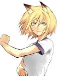  animal_ears blonde_hair bust clenched_hands face fang fist fox_ears gym_uniform light_smile no_hat no_headwear pt short_hair simple_background solo touhou yakumo_ran yellow_eyes 