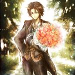  alvin_(tales_of_xillia) bouquet brown_eyes brown_hair flower formal hand_in_pocket male orange_rose pants rose rough smile solo sora-pika suit tales_of_(series) tales_of_xillia 