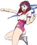  brown_eyes brown_hair choobackers32 headband leotard short_hair smile solo takaya_noriko top_wo_nerae! white_background wristband 