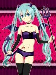  blue_eyes choker demon_tail demon_wings detached_sleeves hatsune_miku highres horns long_hair navel polearm spear tail tattoo thigh-highs thigh_gap thighhighs thighs trident twintails very_long_hair vocaloid weapon wings 
