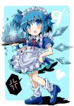  ? alternate_costume alternate_hairstyle anger_vein apron blue_dress blue_eyes blue_hair blush cake cirno cup dress enmaided fang food frozen gibuchoko heart highres ice_block maid maid_headdress number open_mouth short_hair side_ponytail solo teacup touhou tray wings wrist_cuffs wrist_ribbon â‘¨ 