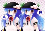  2girls blue_hair blush bust comparison cosplay dual_persona food fruit futatsuiwa_mamizou hinanawi_tenshi long_hair multiple_girls peach red_eyes ribbon touhou yume_shokunin 