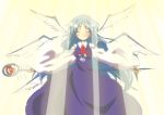  angel ascot blue_hair closed_eyes cross dress eyes_closed faux_traditional_media graphite_(medium) highres lavender_hair light long_hair madare-rin multiple_wings sariel simple_background smile solo staff touhou touhou_(pc-98) traditional_media wings 