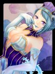  bare_shoulders blue_hair blue_rose_(tiger_&amp;_bunny) breasts cleavage earrings elbow_gloves gloves hap_sunnyday hat jewelry karina_lyle lipstick makeup purple_eyes short_hair solo superhero tiger_&amp;_bunny violet_eyes 