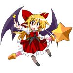  ahoge bat_wings blonde_hair bow bowtie chibi demon_wings dress elis_(touhou) facepaint fang hair_bow hemogurobin_a1c index_finger_raised lowres open_mouth pantyhose pointy_ears raised_finger red_eyes simple_background solo star touhou touhou_(pc-98) wand wings 