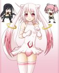  akemi_homura bare_shoulders black_hair blush gloves gun hayashiya_zankurou jewelry kaname_madoka kyubey mahou_shoujo_madoka_magica oekaki pantyhose paw_pose personification pink_hair pistol red_eyes ring school_uniform skirt striped striped_legwear tail twintails weapon white_hair 