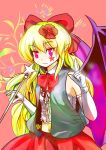  bad_id bat_wings blonde_hair blue_eyes bow bowtie culter demon_wings elbow_gloves elis_(touhou) facepaint fang flower gloves hair_bow hair_flower hair_ornament index_finger_raised long_hair midriff multicolored_eyes navel raised_finger red_eyes skirt solo star touhou touhou_(pc-98) vest wand wings 