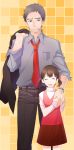  age_difference aile_(crossroads) black_eyes black_hair brown_hair closed_eyes doujima_nanako doujima_ryoutarou eyes_closed father_and_daughter hair_ribbon jacket_over_shoulder jewelry mouth_hold necklace persona persona_4 ribbon short_hair short_twintails twintails watch wristwatch 