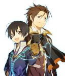  :d alvin_(tales_of_xillia) black_gloves black_hair brown_eyes brown_hair clenched_hand coat cravat fist gloves hand_on_hip happy heart heart_of_string jude_mathis kitsuta male multiple_boys open_mouth scarf smile tales_of_(series) tales_of_xillia white_background 