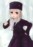  child fate/stay_night fate/zero fate_(series) fujiya_mahiro hand_on_hip highres hips illyasviel_von_einzbern index_finger_raised long_hair open_mouth raised_finger red_eyes scarf silver_hair snow solo winter_clothes young 