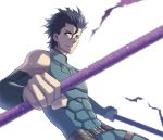  armor belt black_hair blurry depth_of_field dual_wielding fate/stay_night fate/zero fate_(series) gae_buidhe gae_dearg lancer_(fate/zero) male mole motion_blur polearm simple_background solo spear temperingmh weapon white_background yaya_(tempering) yellow_eyes 