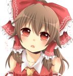  ascot bad_id bare_shoulders blush bow brown_hair bust detached_sleeves dress face hair_bow hair_tubes hakurei_reimu head_tilt heart heart-shaped_pupils miko open_mouth red_dress red_eyes smile solo symbol-shaped_pupils touhou translated translation_request yamasuta 