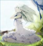  barefoot blue_eyes dress honma_meiko kneeling long_hair rusuko silver_hair sleeveless sleeveless_dress 