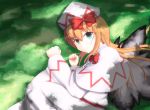  agent_(artist) agent_(ikuoikuo) blonde_hair blue_eyes bow fetal_position grass hat hat_bow highres lily_white long_hair looking_at_viewer lying on_side shade solo touhou wings 