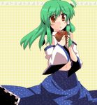 akatoro_(nightlord) bare_shoulders brown_eyes detached_sleeves green_hair hair_tubes kochiya_sanae navel skirt solo toro_(nightlord) touhou