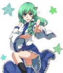  blue_eyes detached_sleeves green_hair hair_tubes highres kochiya_sanae pointing solo thigh-highs thighhighs toro_(nightlord) touhou 