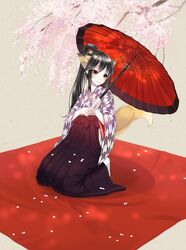  animal_ears bashamichi black_hair blanket cherry_blossoms fox_ears fox_tail hakama highres japanese_clothes kimono long_hair oriental_umbrella original payot petals red_eyes ryou@ryou seiza sitting smile solo tail umbrella yagasuri 