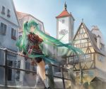  alternate_costume aqua_eyes aqua_hair bow clock clock_tower closed_umbrella flower germany hair_bow hatsune_miku jacket janemere leaning long_hair necktie outdoors railing revision skirt sky smile solo tower twintails umbrella very_long_hair village vocaloid 