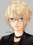  blonde_hair blue_eyes collar earrings glasses hakuseki highres jewelry male nico_nico_douga red-framed_glasses short_hair solo valshe 