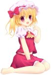  :d ascot bad_id barefoot blush bow finger_to_mouth flandre_scarlet hat hat_bow looking_at_viewer open_mouth pink_eyes short_sleeves sitting skirt skirt_set smile solo the_embodiment_of_scarlet_devil touhou utahiro_(shima) 
