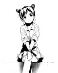  crossed_legs double_bun hairbuns legs_crossed monochrome sitting skirt solo v_arms watarai_keiji watch 