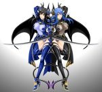  2girls armor bat_wings black_hair black_legwear blue_eyes blue_hair blue_legwear bodysuit breasts demon_girl demon_tail fantasy female gradient gradient_background high_heels highres horns isse large_breasts leg_lift long_hair looking_at_viewer mirror_opposites multiple_girls original pointy_ears succubus sword symmetry tail thigh-highs thighhighs weapon wings 