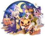  bat blonde_hair blue_eyes boots braid candle candy cape chkuyomi cloud crescent_moon dress frills gathers halloween hat headband jack-o&#039;-lantern jack-o'-lantern lollipop long_hair looking_at_viewer moon night night_sky pumpkin purple_eyes ruffles single_braid sitting sky smile star_(sky) tales_weaver violet_eyes wariza white_hair witch_hat 