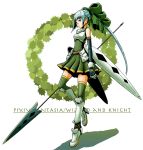  breastplate greaves hair_bow long_hair pixiv_fantasia pixiv_fantasia_wizard_and_knight polearm ponytail saruneco silver_hair solo spear thigh-highs thighhighs weapon zettai_ryouiki 