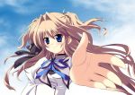  bad_id blonde_hair blue_eyes bow foreshortening hair_bow hair_intakes hands long_hair mashiroiro_symphony minazuki_futago school_uniform sena_airi sky smile solo two_side_up 