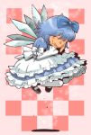  alternate_costume blue_dress blue_hair blush_stickers bow checkered checkered_background cirno closed_eyes dress embellished_costume eyes_closed frills gathers hair_bow jumping lolita_fashion onikobe_rin short_hair smile solo touhou wings 
