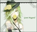  alternate_hairstyle bare_shoulders bust character_name covering covering_face covering_mouth doily fedora flower green_eyes green_hair gumi hair_over_one_eye hat hat_flower long_hair lowres maki_(pixiv2336040) meuyi necktie rose solo vocaloid yellow_rose 
