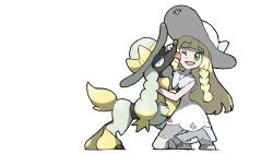  1girl ;d blacknirrow blonde_hair closed_eyes dog dress eyelashes furfrou furfrou_(debutante) green_eyes hand_on_another's_face hat highres licking licking_another's_face lillie_(pokemon) long_hair one_eye_closed open_mouth pokemon pokemon_(creature) pokemon_sm simple_background smile socks sundress tongue tongue_out white_background white_dress white_footwear white_hat white_socks 