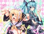  2girls arms_linked detached_sleeves hatsune_miku headphones kagamine_rin long_hair nail_polish necktie tagme vocaloid wink 