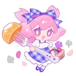  1girl blue_bow blue_dress bow candy cherry_blossom_cookie cherry_blossom_cookie_(sweetest_picnic) cookie_run cookie_run:_ovenbreak dress food fork full_body hair_bow highres holding holding_fork jelly_bean kanae_(cookie) looking_at_viewer plaid_bow plaid_clothes plaid_dress puffy_short_sleeves puffy_sleeves shirt short_sleeves solo white_shirt 