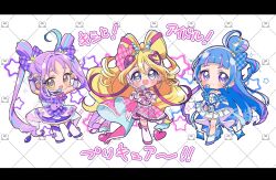 3girls 4-finger_heart_hands ahoge antenna_hair aokaze_nana arched_bangs argyle_background arm_warmers bare_shoulders black_border blonde_hair blue_bow blue_choker blue_dress blue_eyes blue_hair blue_pupils boots border bow bow-shaped_hair chibi chibi_only choker circle_skirt closed_mouth copyright_name cure_idol cure_kyunkyun cure_wink detached_sleeves diamond-shaped_pupils diamond_(shape) diamond_earrings dress drop-shaped_pupils earpiece earrings flat_chest full_body hair_between_eyes hair_bow hair_bun hair_ornament hairband heart heart-shaped_mouth heart-shaped_pupils heart_earrings heart_hair_ornament heart_hands highres huge_ahoge jewelry kimi_to_idol_precure knee_boots long_hair looking_at_viewer magical_girl multicolored_hair multiple_girls open_mouth pink_bow pink_dress pink_hair pink_pupils plaid_bow plaid_clothes plaid_dress plaid_sleeves precure puffy_short_sleeves puffy_sleeves purple_bow purple_choker purple_dress purple_hair purple_pupils purple_thighhighs sakura_uta_(precure) shigure_kokoro short_sleeves single_hair_bun sleeveless sleeveless_dress smile standing standing_on_one_leg star_(symbol) streaked_hair symbol-shaped_pupils tassel thigh-highs thigh_strap twintails two-tone_hair very_long_hair violet_eyes white_background white_footwear yellow_eyes yumi_san0112 