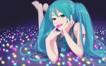  1girl aqua_eyes aqua_hair barefoot blurry candy depth_of_field feet hands hatsune_miku highres long_hair lying mikumix naughty_face necktie on_stomach open_mouth smile solo tongue twintails vocaloid wallpaper watermark yachiwo 