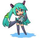  1girl animated animated_gif blush blush_stickers chibi dancing detached_sleeves hatsune_miku long_hair lowres necktie shigatake simple_background skirt solo spring_onion thighhighs twintails uniform very_long_hair vocaloid zettai_ryouiki 