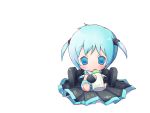  1girl baby baby_bottle blue_eyes blue_hair chitose_kiiro cute diaper hatsune_miku headphones short_twintails simple_background tagme vocaloid white young younger 