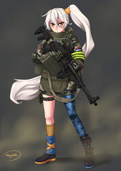  1girl absurdres ammunition_belt ammunition_box artist_name asymmetrical_legwear body_armor boots camouflage camouflage_jacket foregrip full_body girls_frontline gun highres jacket long_hair looking_at_viewer machine_gun mardjan pkp_(girls&#039;_frontline) pkp_pecheneg ponytail russian_flag single_boot single_thighhigh solo standing thigh-highs thigh_strap weapon white_hair yellow_eyes 