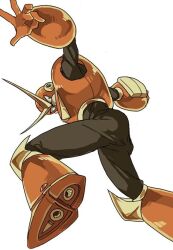  1boy black_pants commentary_request foot_out_of_frame humanoid_robot looking_back male_focus mega_man_(classic) mega_man_(series) mega_man_2 orange_footwear outstretched_arms pants quick_man robot simple_background solo suna_(xxsignitifato) white_background 