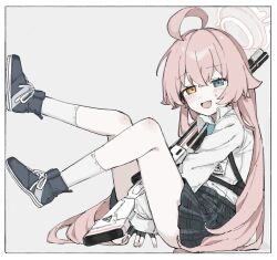  1girl ahoge beretta_1301 black_gloves black_skirt blue_archive blue_eyes border box collared_shirt commentary_request fang fingerless_gloves from_side full_body gloves grey_background gun halo heterochromia highres hoshino_(blue_archive) in_box in_container legs_up long_hair looking_at_viewer open_mouth orange_eyes oshio_(baniniwana) pink_hair plaid_clothes plaid_skirt school_uniform shirt shoes shotgun simple_background sitting skirt sneakers socks solo sweat very_long_hair weapon white_shirt white_socks 