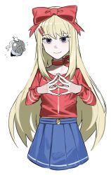  1boy 1girl alice_(black_souls) asdf1211950 black_souls blonde_hair blue_eyes blue_skirt blush bow choker closed_mouth cosplay cowboy_shot grimm_(black_souls) hair_bow highres long_hair long_sleeves looking_at_viewer miside mita_(miside) mita_(miside)_(cosplay) pleated_skirt red_bow red_choker red_sweater sidelocks skirt smile steepled_fingers sweater very_long_hair 