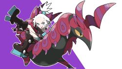  1girl :p bass_guitar black_footwear blacknirrow blue_eyes boots closed_mouth hair_bobbles hair_ornament highres holding holding_bass_guitar holding_instrument instrument leg_up outline pokemon pokemon_(creature) pokemon_bw2 roxie_(pokemon) scolipede short_hair simple_background sitting smile tongue tongue_out topknot two-tone_background v-shaped_eyebrows white_hair white_outline 